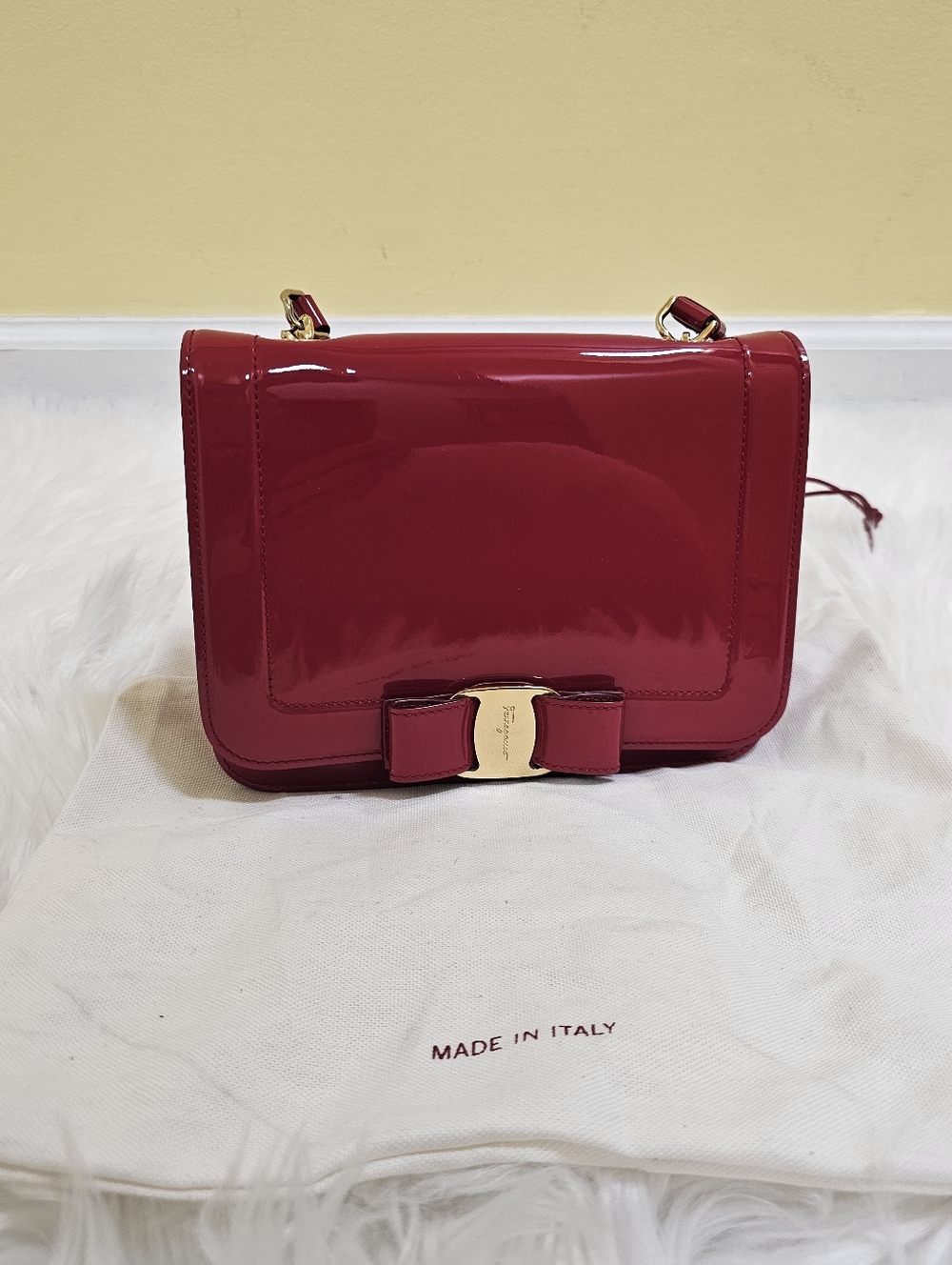 Salvatore Ferragamo Red Patent Leather Vara Bow Chain Bag
